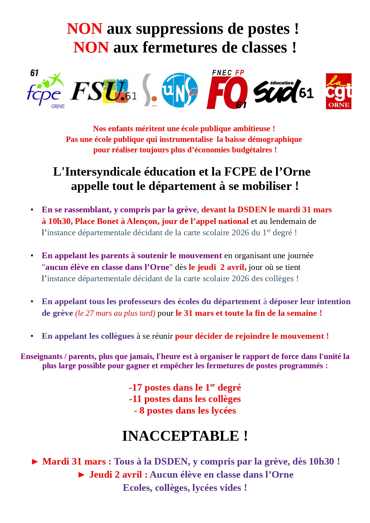 Manifestation éducation - contre les suppressions de postes dans le département