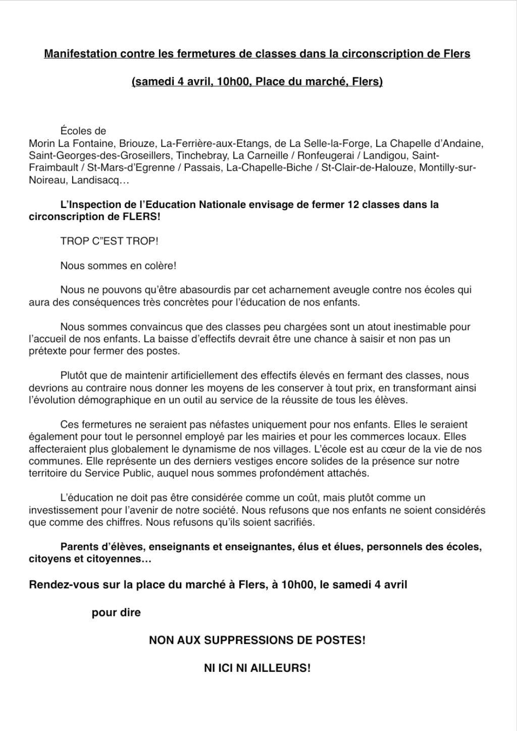 Manifestation à Flers contre la fermeture de classes