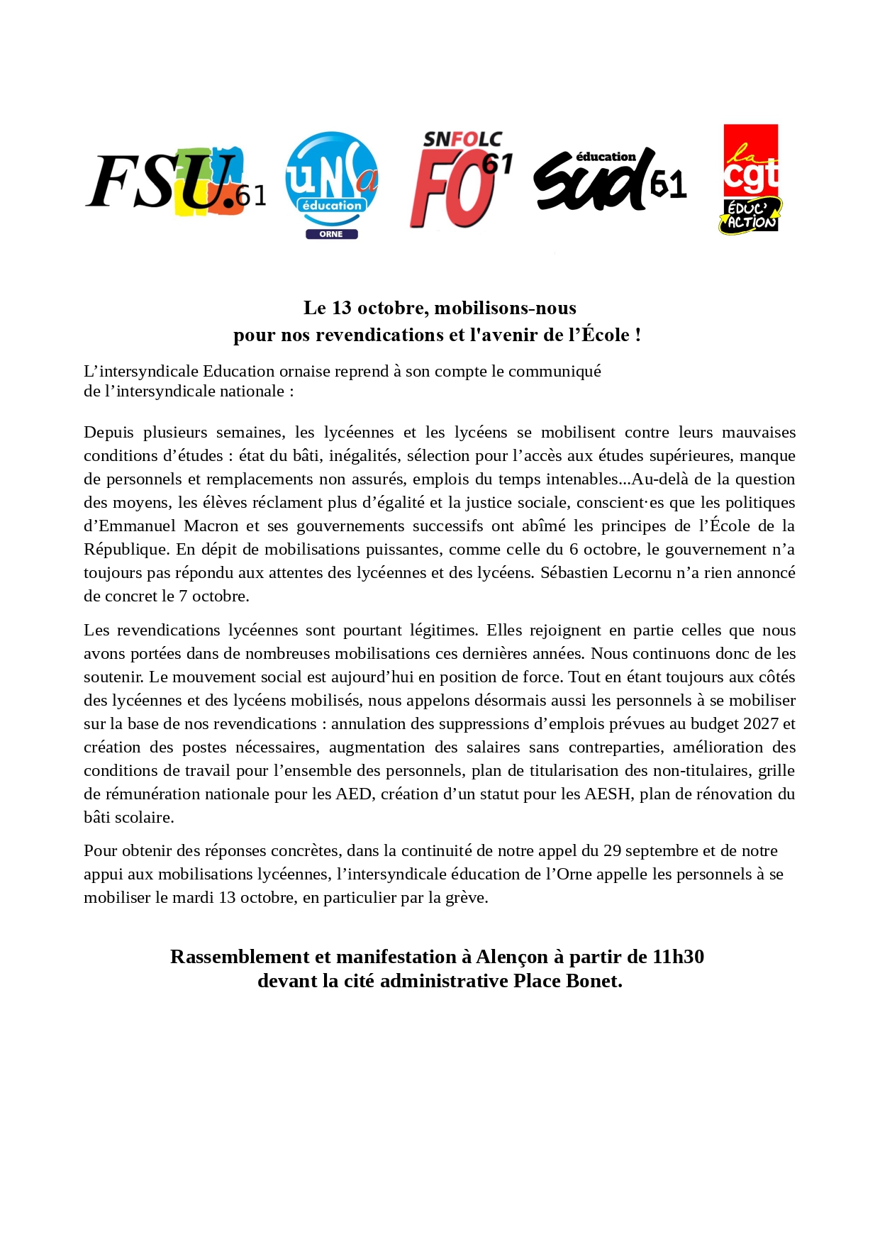 Rassemblement intersyndical en soutien des revendications des lycéens et des lycéennes